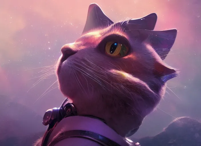 Image similar to a space cat from a musical sci - fi space opera, animated film, volumetric lighting, octane render by stanley artgerm lau, greg rutkowski, thomas kindkade, alphonse mucha, loish, norman rockwel,