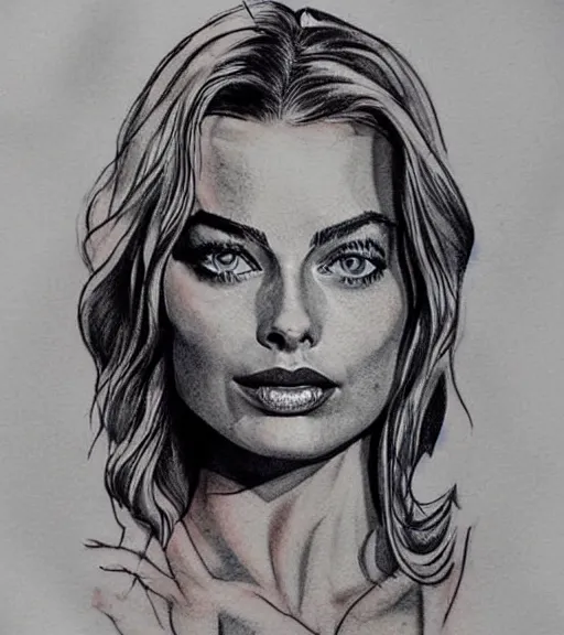 Image similar to mash up tattoo sketch of margot robbie with beautiful mountain scenery, in the style of arlo dicristina, amazing detail, sharp