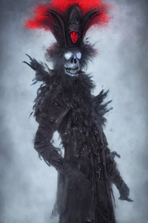 Image similar to the ghost - spirit of the grim - hatter wears the scarlet skull armor and blood headdress, midnight fog - mist!, dark oil painting colors, realism, cinematic lighting, various refining methods, micro macro autofocus, ultra definition, award winning photo