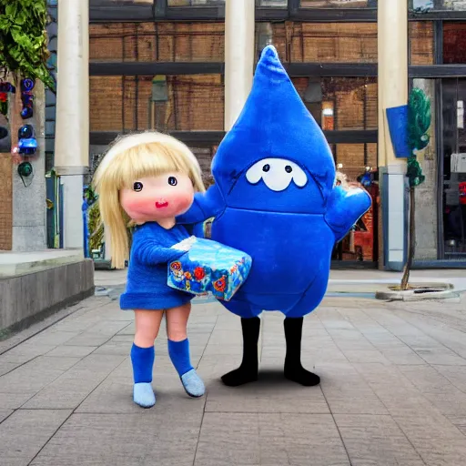 Image similar to blue'snappy gifts'plush doll, human - sized, on sidewalk, giving gifts to people, happy atmosphere, high detail, soft lighting, 8 k