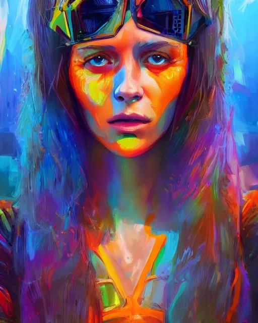 Image similar to colorful portrait of a brunette hippie, but set in the future 2 1 5 0 | highly detailed | very intricate | symmetrical | professional model | cinematic lighting | award - winning | painted by mandy jurgens | pan futurism, dystopian, bold psychedelic colors, cyberpunk, anime aesthestic | featured on artstation