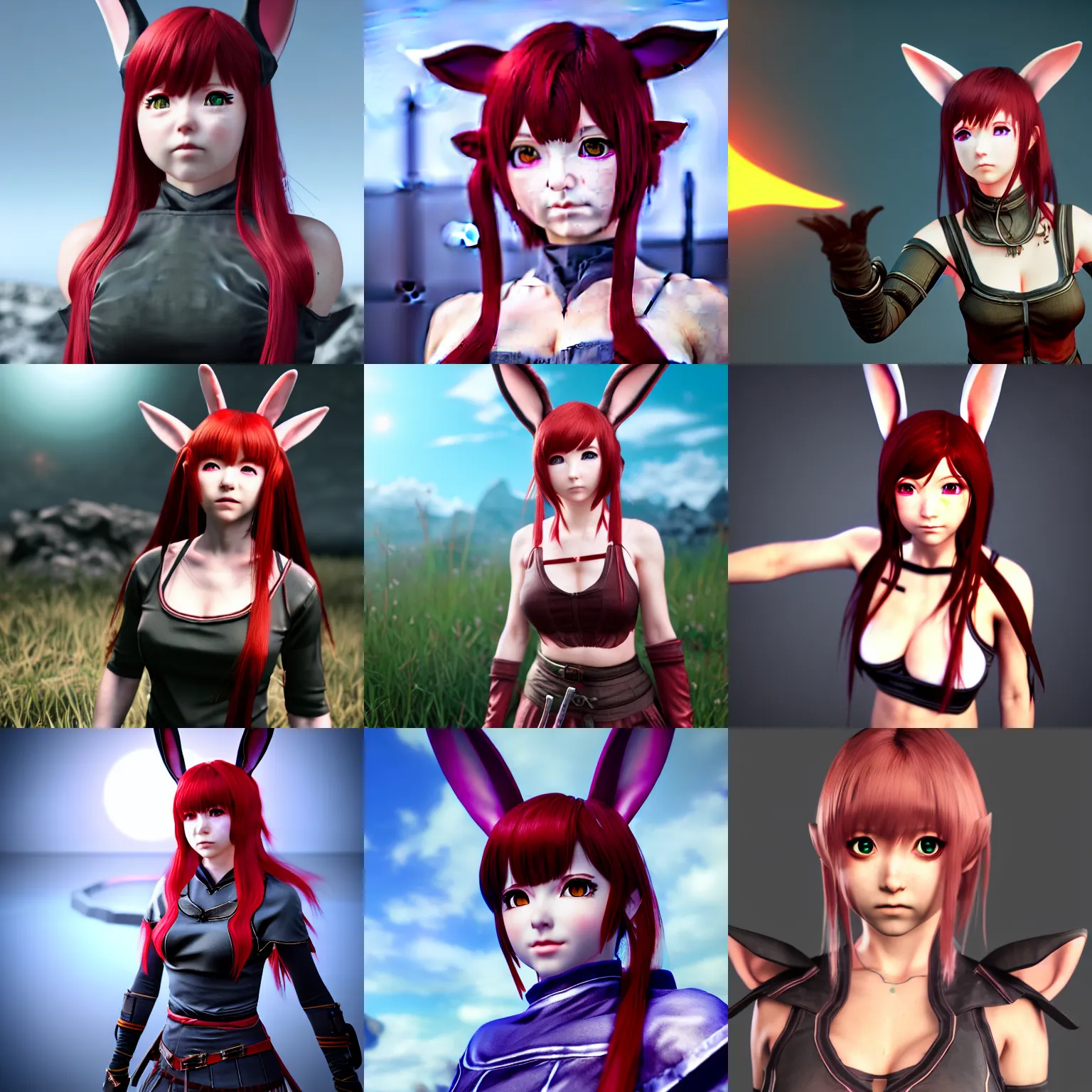 Prompt: detailed render of a 3D anime girl from Skyrim, long crimson hair, bunny ears, medium shot, Unreal Engine 8k
