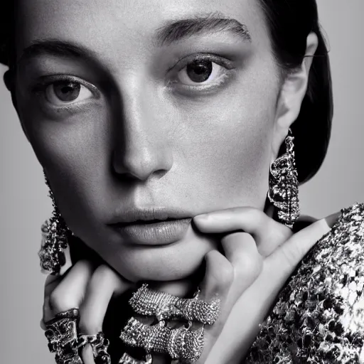 Prompt: stunning close up portrait of a woman from a fashion model with large prada dress in parisian luxury studio decorated, official prada editorial, by Hendrik Kerstens, highly detailed