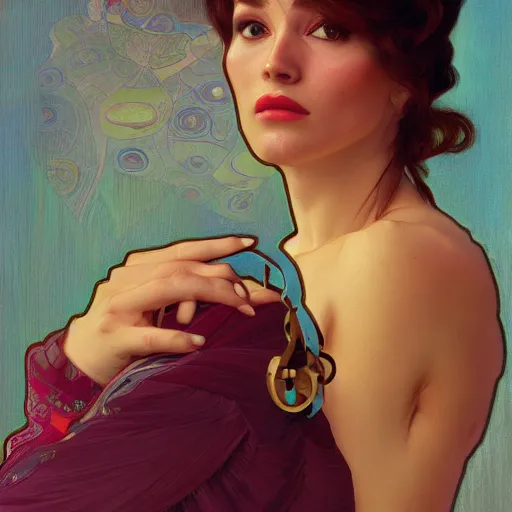 Image similar to modern woman | hyperrealistic | action pose | digital painting | trending on artstation | pinup portrait | clean | illustration | dressed | Unreal Engine 5 | 8k resolution | by Greg Rutkowski Alphonse Mucha Gustav Klimt and Mel Ramos