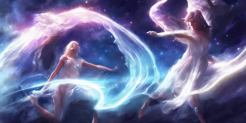 Image similar to a celestial being bending the time and space continuum, concept art, digital illustration, trending on artstation, deviantart, artgerm, epic composition, masterpiece, highly detailed, advanced technique, ambient lighting, wlop, ross draws