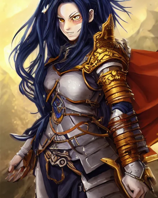 Image similar to An anime portrait of a beautiful D&D half-orc female with long wavy dark blue hair, bright orange eyes, intricate full body armour, fantasy soldier, by Stanley Artgerm Lau, WLOP, Rossdraws, James Jean, Andrei Riabovitchev, Marc Simonetti, and Sakimichan, highly detailed, ultra detailed, golden hour, trending on artstation, cgstudio