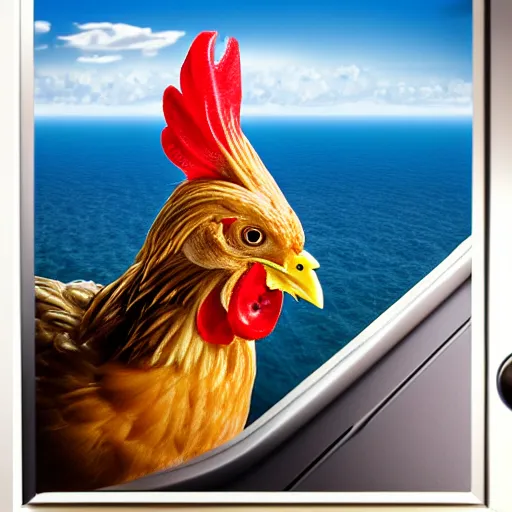 Prompt: chicken looking human on an airplane flight over the sea, realistic scene, very detailed