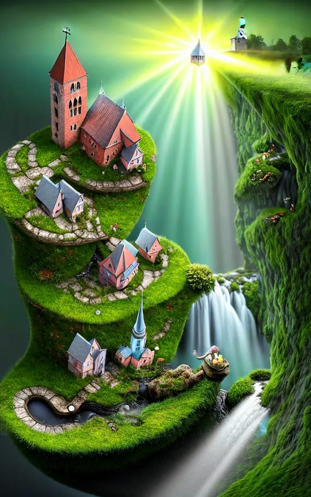 Prompt: Gediminas Pranckevicius, Very nitid scene close view of miniature world with river, small waterfall, chimney, church, bakery, sallon, with stunning 3d render + dim volumetric lighting, 8k octane beautifully detailed render, post-processing, extremely hyperdetailed, intricate, , ray of sunlight, detailed painterly digital art style by WLOP and , 8k octane beautifully detailed render, post-processing, extremely hyperdetailed, intricate, epic composition, sparkling atmosphere, cinematic lighting + masterpiece, trending on artstation, very detailed, vibrant colors, hyperrealistic, smooth, sharp focus, lifelike, cinematic lighting, art by artgerm and greg rutkowski and alphonse mucha diffuse lighting, fantasy, intricate, elegant, highly detailed