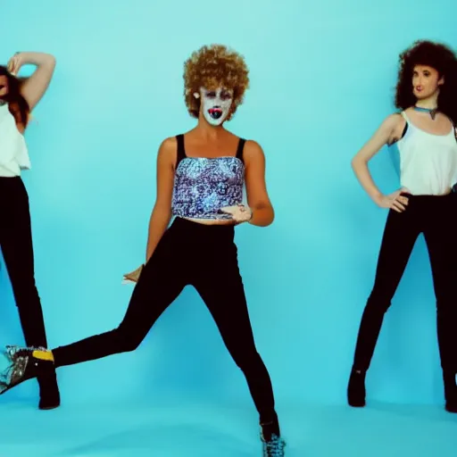 Image similar to 8 0 s music video, blue background with mannequins dancing, singer in the forefront with black pants and dirty white tank top,