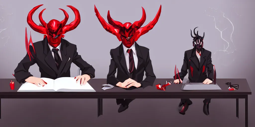 Image similar to dark lord sitting at desk large horns and suit, medium shot, portrait, semi realistic anime, red demon cyberpunk symbols