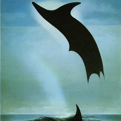 Prompt: the grim reaper on the back of a dolphin that is jumping over a rainbow, by zdzislaw beksinski,