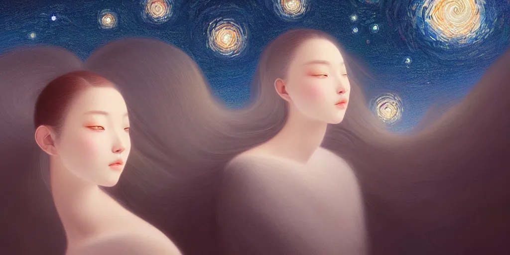 Image similar to breathtaking delicate detailed concept art painting faces with starry night inside, by hsiao - ron cheng, bizarre compositions, exquisite detail, pastel colors, 8 k