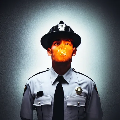 Image similar to portrait of a policeman head on fire , front, centered, riot background, at night ,editorial photography