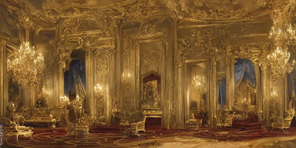 Prompt: 8k highly detailed oil matte painting by Charles Landelle of an art gallery wall with many oil paintings, decadent throne room, ornate furniture, ornate French architecture