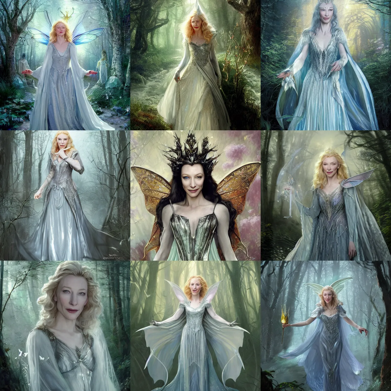 Prompt: portrait of mischievous Cate Blanchett's Galadriel as a queen of fairies, dressed in a beautiful silver dress. The background is a dark, creepy eastern europen forrest. night, blue tones, contrasts, lumnious, fantasy character concept art by ruan jia, thomas kinkade, and J.Dickenson, trending on Artstation