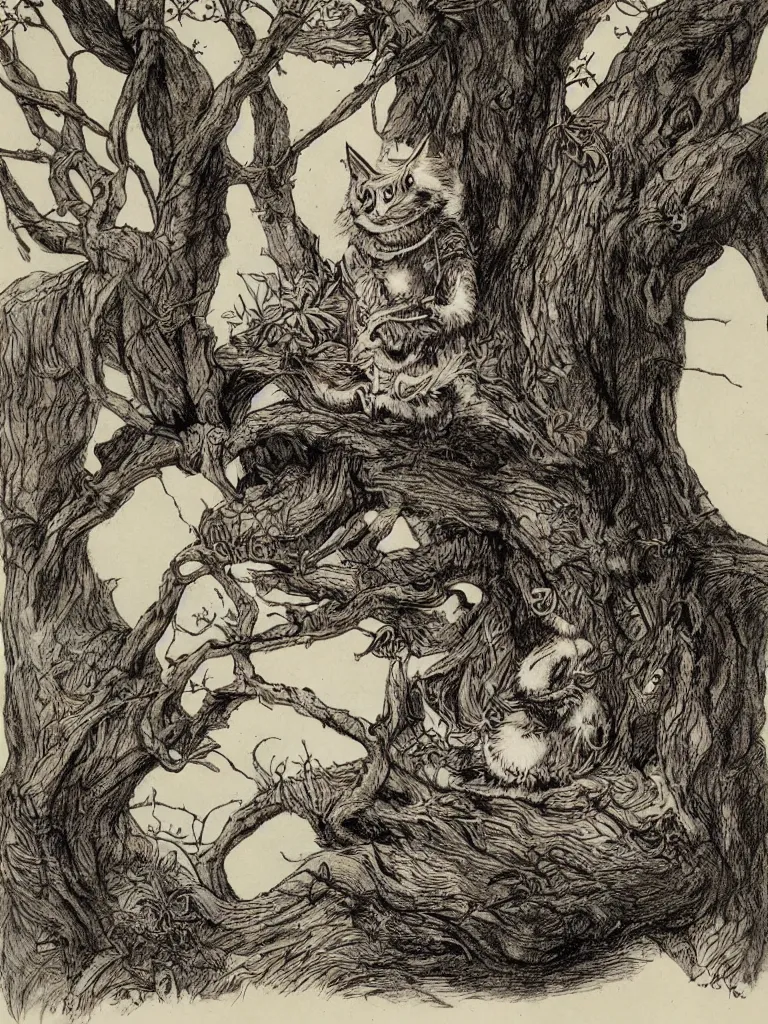 Prompt: Tenniel illustration cheshire cat, sitting in a tree