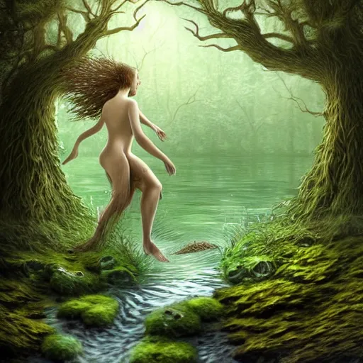 Image similar to beautiful digital fantasy illustration of A woody green field with a stream running through it, with a group of dryad women standing in the water. They seem to be preparing to submerge themselves in the cool, clear waters of the stream. a creepy creature standing in front of a mirror!, concept art by Alex Horley-Orlandelli!!, cgsociety contest winner!!!, gothic art,!!!!, cgsociety, official art, fantasy art, #vfxfriday, highly detailed, dynamic pose!!!!!, soft lighting, rendered in octane, masterpiece, very very very aesthetic