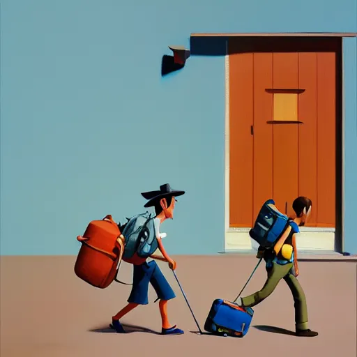 Image similar to goro fujita ilustration hiker taking suitcases out of his house, painting by goro fujita, sharp focus, highly detailed, artstation