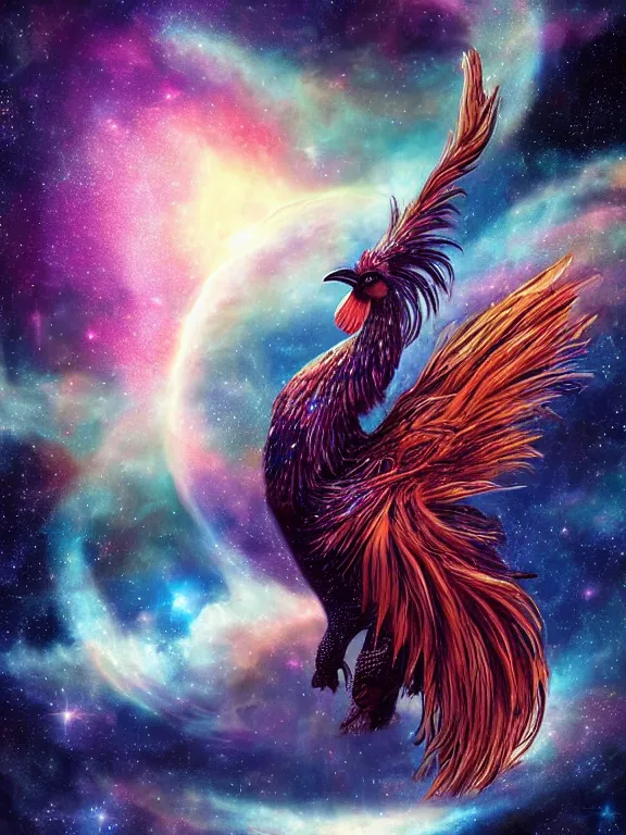 Prompt: a lone giant majestic rooster, centered, floating in space, center of the universe, \ galaxy cosmic nebula, epic, volumetric light, hyperrealistic, glitter, mega detailed, beautiful composition, beautiful lighting, unreal render, 4 k, vincent di fate, john berkey, michael whelan