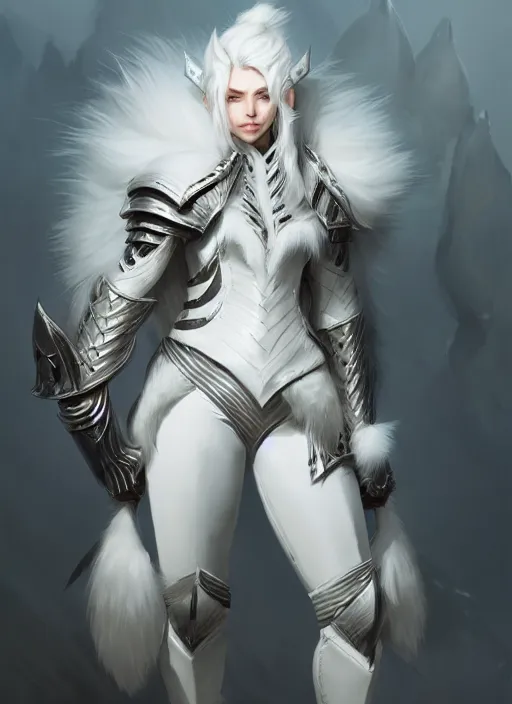 Image similar to fur - lined armor!!! beautiful and elegant white haired female!! gorgeous ayes!! character concept art, sharp focus, octane render! unreal engine 5! highly rendered!! trending on artstation!! detailed linework!! illustration by bussiere rutkowski andreas rocha