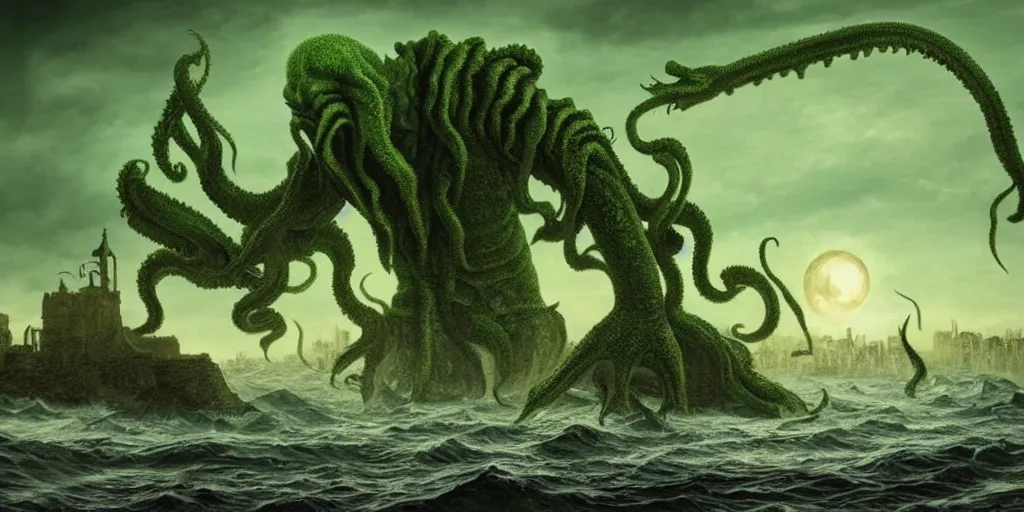 Image similar to a giant cthulhu threatening a city from the horizon while people are terrified, year 1920, digital art, shades of green