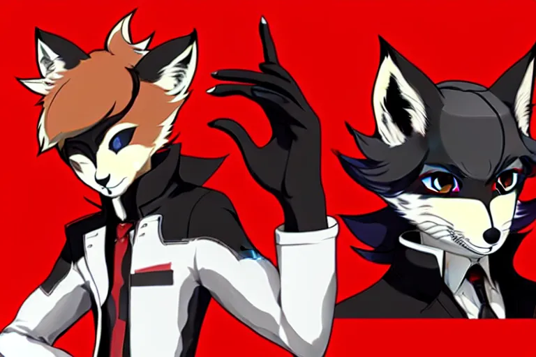 Image similar to a furry tan male fox on a persona 5 : royal ( by atlus ) video game splash screen, a furry male sandcolored tan fox fursona ( has hair ), persona 5 phantom thief style