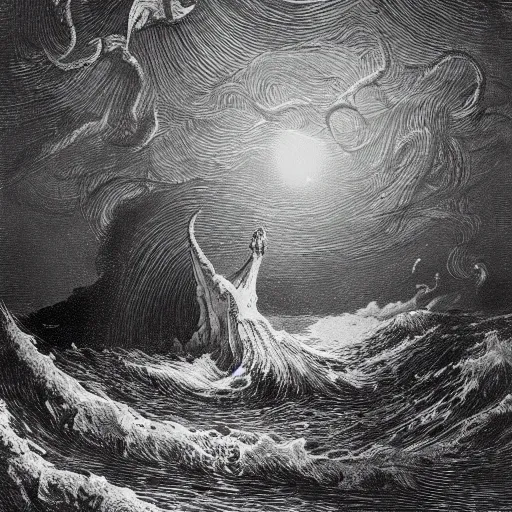 Prompt: cthulhu rising out of the water in front of a small town, night, soaring waves, clouds, illustration by Gustave Doré