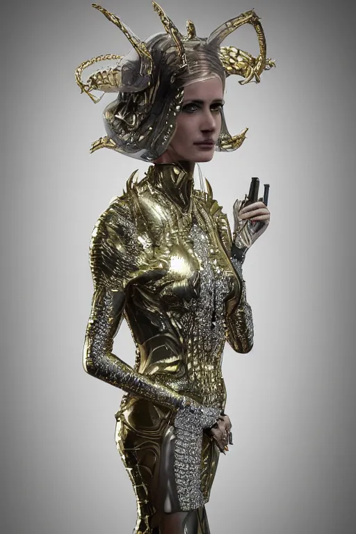 Prompt: a highly detailed medium shot 8 k render portrait of an alien goddess eva green in iris van herpen dress schiaparelli armor in diamonds and lots of jewelry in style of alphonse mucha trending on artstation made in unreal engine 4