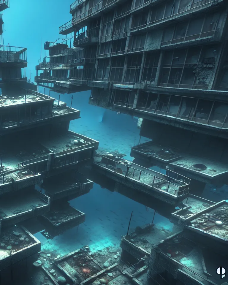 Prompt: an abandoned underwater Barcelona city, post-apocalyptic, metaphysical painting, cgsociety, rendered in unreal engine