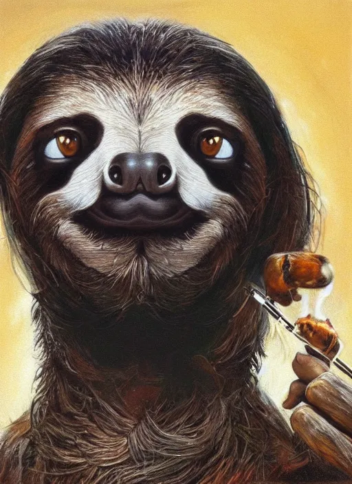 Image similar to ultra realistic portrait painting of a sloth smoking a joint, vaguely resembling snoop dogg, art by frank frazetta, 4 k, ultra realistic, highly detailed, epic lighting