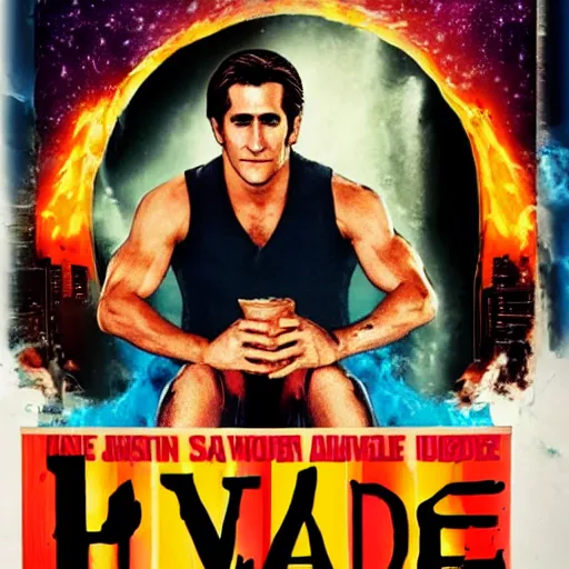 Image similar to a movie poster of Jake Gyllenhaal as patrick Swayze sitting in a hot tub in the movie Road House