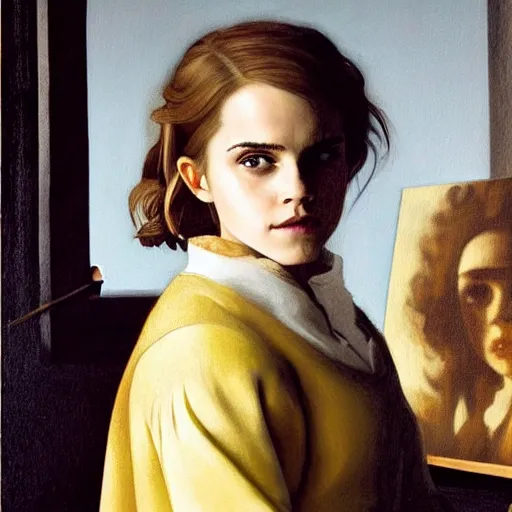 Image similar to Painting of Emma Watson as Hermione Granger. Art by Vermeer. During golden hour. Extremely detailed. Beautiful. 4K. Award winning.