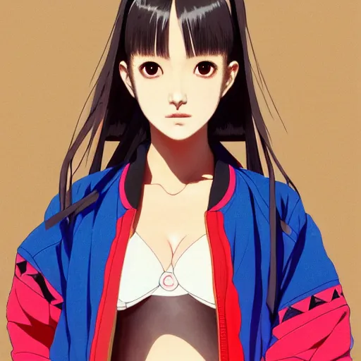 Image similar to a beautiful japanese natalie portman gravure model, wearing oversized native designer bomber jacket and leotard with overalls, bulky poofy bomber jacket with mesoamerican patterns, mesoamerican native street fashion, gapmoe yandere grimdark, trending on pixiv fanbox, painted by greg rutkowski makoto shinkai takashi takeuchi studio ghibli, akihiko yoshida