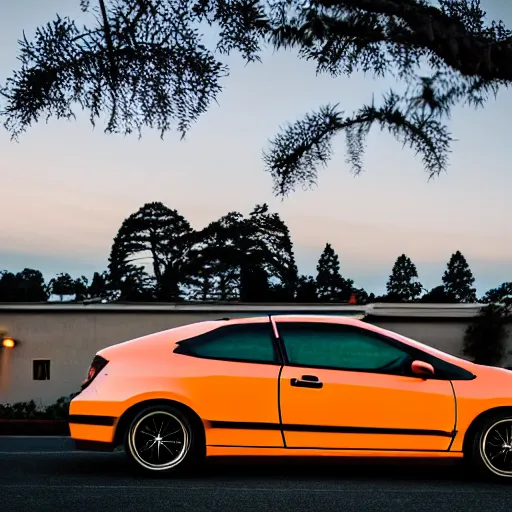 Prompt: a photo of a Honda Civic with anime decals on it in the Bay Area California, dusk, dramatic lighting, 100mm, Nikon