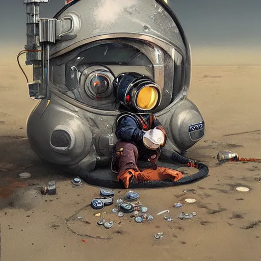 Prompt: baby astronaut doing maintenance, graffiti painting by nuri iyem, james gurney, james jean, greg rutkowski