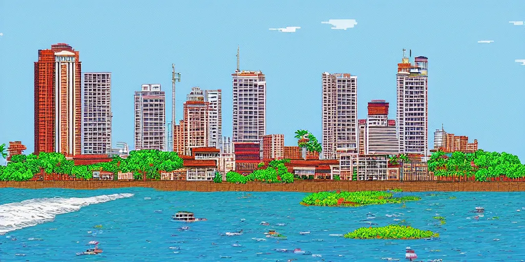 Image similar to colombo sri lanka cityscape, ocean, pixel art