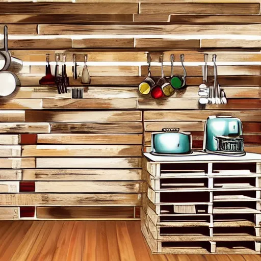 Prompt: illustration of a kitchen made out of wood pallet in style of ikea instruction