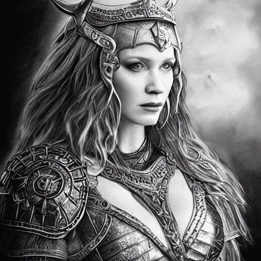 Image similar to hyper realistic pencil drawing of Christina Hendricks as a viking princess, intricate detail, beautiful, battle armor, war, fight, light, dragon, bright color palette