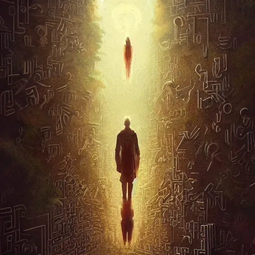 Prompt: surrealist artwork by greg rutkowski, lost in a maze of clues, walls made of matrix symbols, uppercase and lowercase, conjunctions and disjunctions, telepathic connection, hidden door