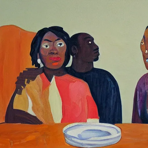 Image similar to The painting depicts two people, a man and a woman, sitting at a table. The man is looking at the woman with a facial expression that indicates he is interested in her. The woman is looking at the man with a facial expression that indicates she is not interested in him. There is a lamp on the table between them. by Emily Kame Kngwarreye, by Diego Dayer perspective
