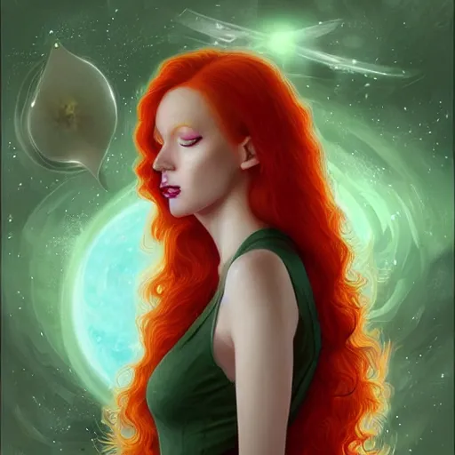 Image similar to Redhead Pleiadian alien human beautiful hybrid feminine woman, long gorgeous red hair in loose curls, with stunning green eyes, cute round face and a roundish nose, as a retrofuturistic heroine, face and body, gorgeous digital painting, artstation, concept art, smooth, sharp focus, illustration, art by artgerm and donato giancola and Joseph Christian Leyendecker, Ross Tran, WLOP