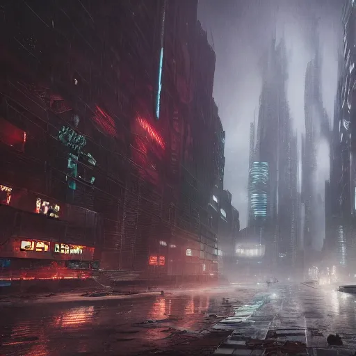 Image similar to an abandoned dystopian cyberpunk city with a bad weather and foggy sky, award winning, trending on artstation, unreal engine