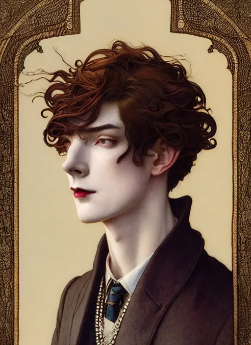 Image similar to edmund dulac, leyendecker, highly detailed portrait, a beautiful androgynous lee jong suk, long hair, tall and thin, wearing several pendants, art nouveau, stephen bliss, unreal engine, by greg rutkowski, loish, ferdinand knab, ilya kuvshinov, rossdraws, tom bagshaw, alphonse mucha, global illumination, radiant light