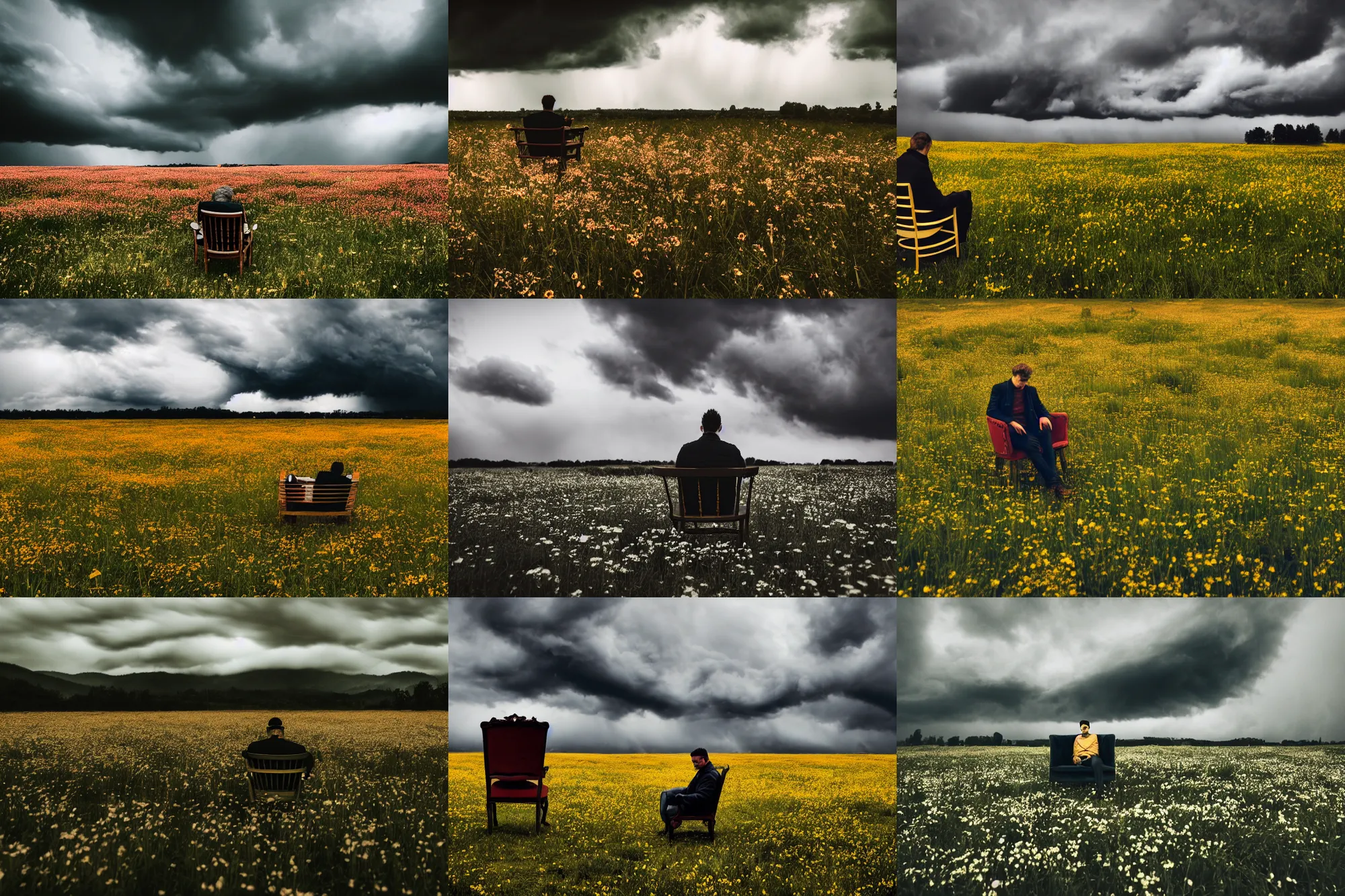 Image similar to 50mm DSLR photograph of a very moody flower meadow with moody storm clouds, ominous man sitting in a vintage chair at the center, photography, panoramic view, Hyperdetailed, photorealistic, Unsplash