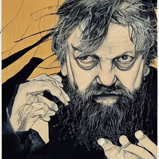 Prompt: slavoj zizek in jojo pose, oil on canvas by takato yamamoto and ruan jia and dave mckean