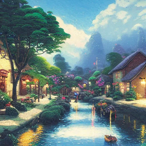 Prompt: A painting of a quaint village by Thomas Kinkade in the style of Studio Ghibli