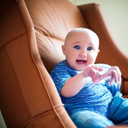 Image similar to A photo a Bald, 6 month old Baby boy, playing an over sized guitar while sitting in a lazy boy recliner. 50mm lens, f1.8