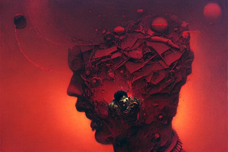 Image similar to head of a man falling apart, in the style of chris foss, in the style of beksinski, intricate and epic composition, red by caravaggio, insanely quality, highly detailed, masterpiece, purple light, artstation, 4 k