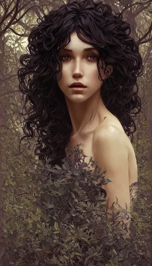 Prompt: beautiful cottagecore female model, symetrical face, black curly Hair, dark forest, intricate, elegant, highly detailed, digital painting, artstation, concept art, smooth, sharp, focus, illustration, art by artgerm and greg rutkowski and alphonse mucha