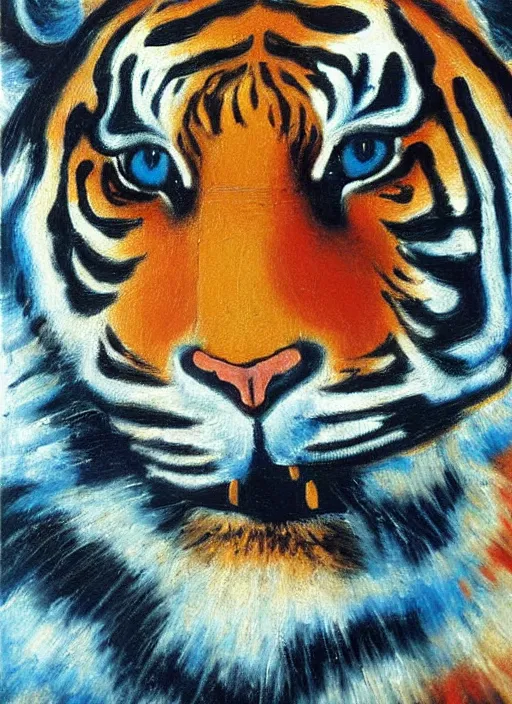 Prompt: an oil painting of a tiger, by Ernst Wilhelm Nay, symbolist, soft colors, dramatic lighting, smooth, sharp focus, extremely detailed, aesthetically pleasing composition